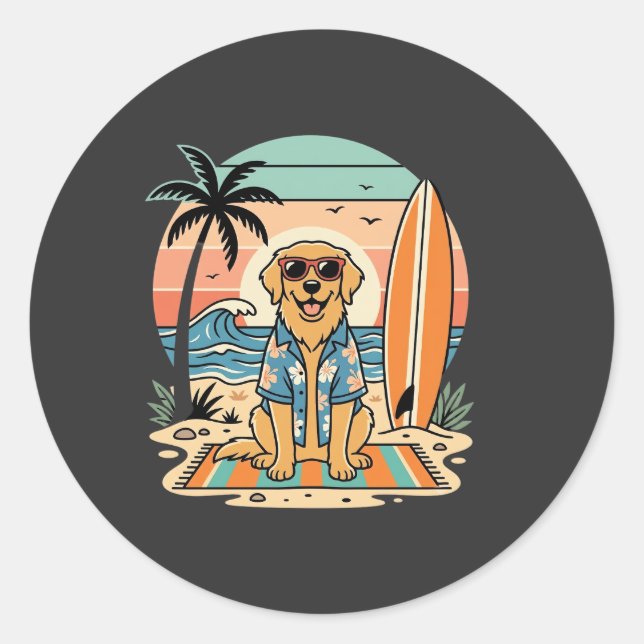 Sticker Rond Chien de surf Rétro Plage Été (Devant)