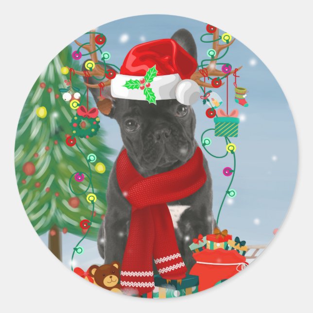 Sticker Rond Chien de taureau français en neige avec cadeaux de (Devant)