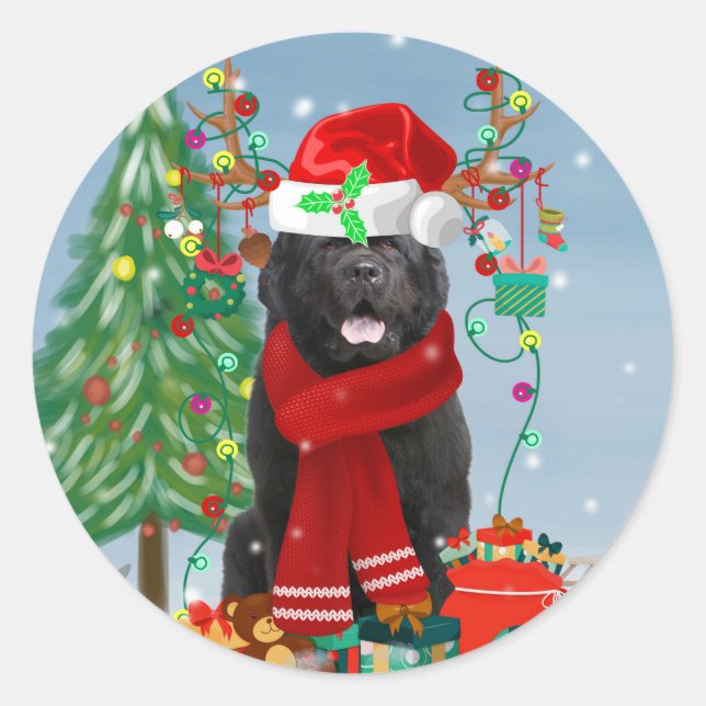 Sticker Rond Chien de Terre-Neuve avec cadeaux de Noël (Devant)
