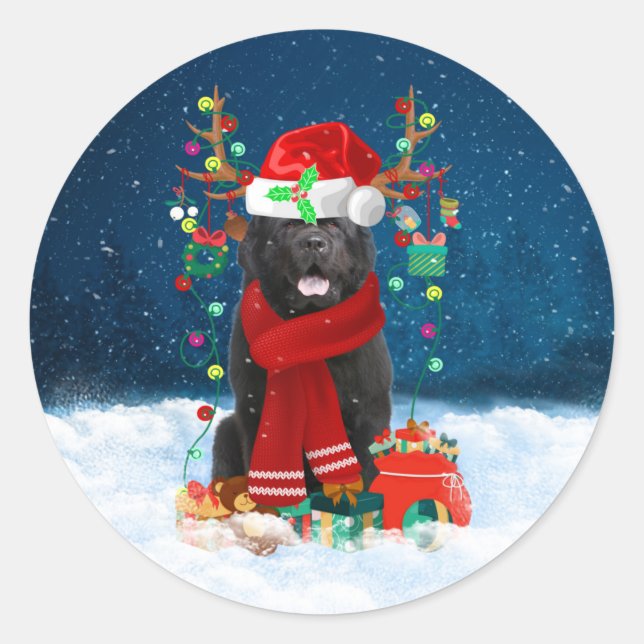 Sticker Rond Chien de Terre-Neuve avec cadeaux de Noël (Devant)