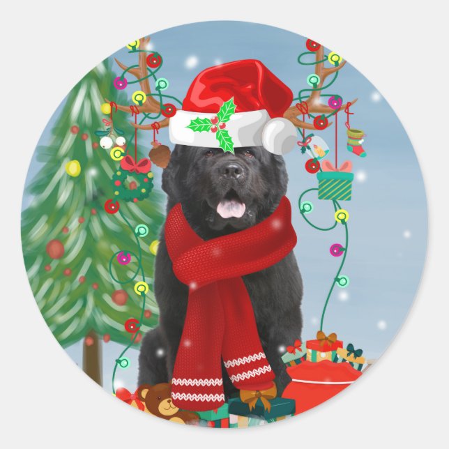 Sticker Rond Chien de Terre-Neuve avec cadeaux de Noël (Devant)