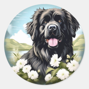 Sticker Rond Chien de Terre-Neuve avec fleurs blanches