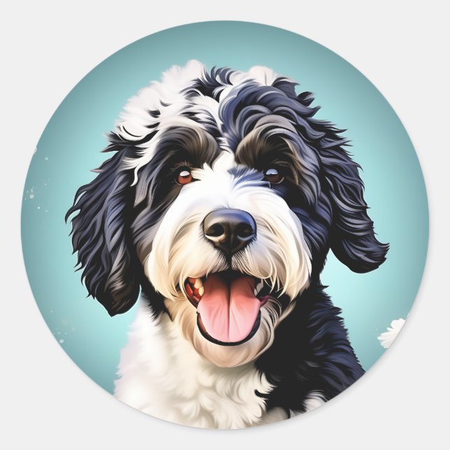 Sticker Rond Chien D'Eau Portugais Avec Fleurs (Devant)