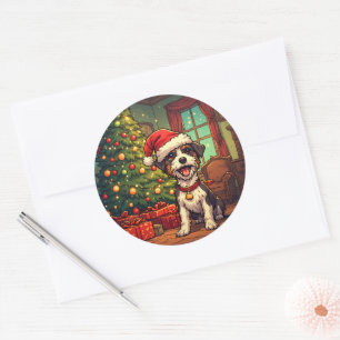 Sticker Rond Chien débraillé chapeau de Père Noël arbre de Noël