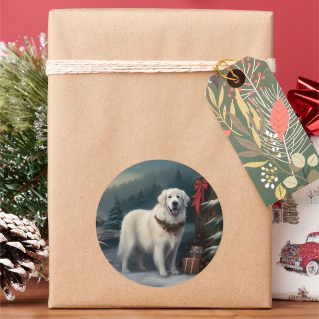 Sticker Rond Chien des grandes Pyrénées à Noël de neige (vacances)