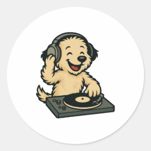 Sticker Rond Chien DJ mignon avec casque � Enfants amusants Cad
