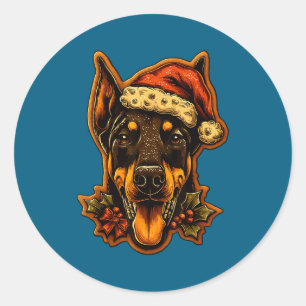 Sticker Rond Chien Doberman de Noël avec chapeau de Père Noël G