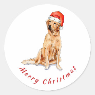 Sticker Rond Chien d'or avec chapeau de Santa