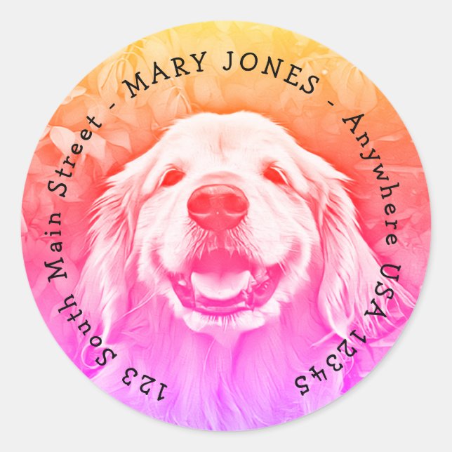 Sticker Rond Chien d'or retriever souriant en rose et orange (Devant)