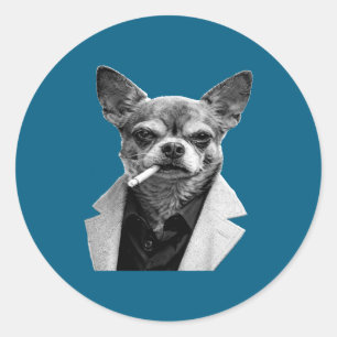 Sticker Rond Chien drôle fumant cigarette Chihuahua Mème Humour