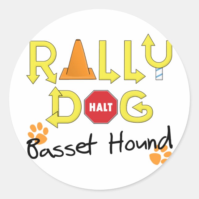 Sticker Rond Chien du rallye Basset Hound (Devant)