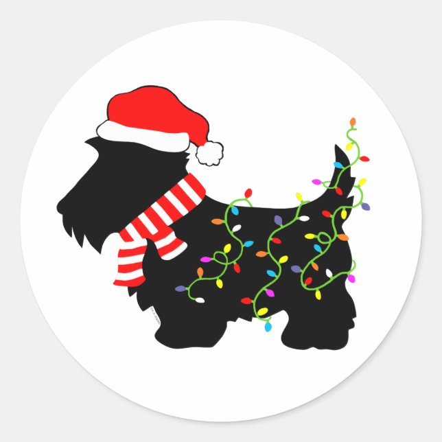 Sticker Rond Chien écossais de Noël avec lumières (Devant)