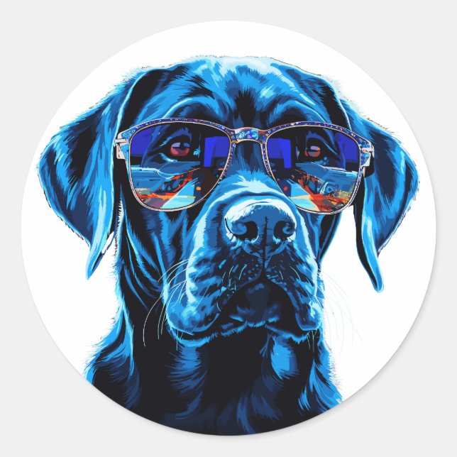 Sticker Rond Chien élégant avec lunettes de soleil réfléchissan (Devant)
