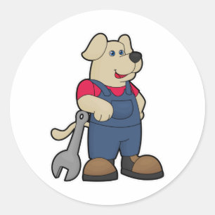 Sticker Rond Chien en mécanicien avec clé à tuyau