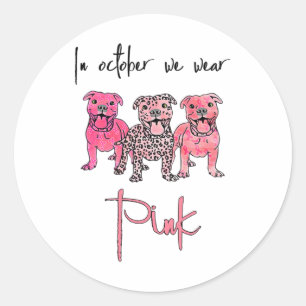 Sticker Rond Chien En Octobre Nous Portons Le Ruban Rose Cancer