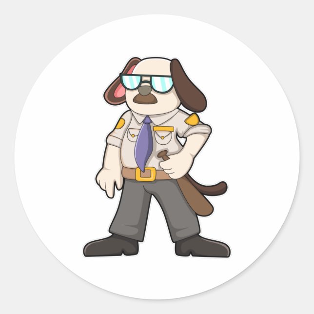 Sticker Rond Chien en officier de police avec Baton & Lunettes  (Devant)