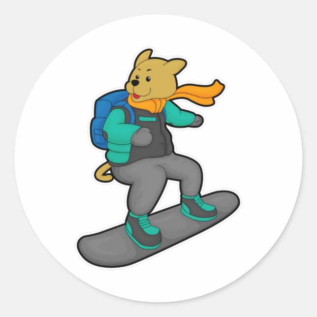 Sticker Rond Chien en Snowboardeur avec Snowboard & Backpack (Devant)