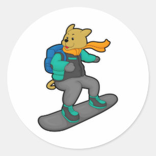 Sticker Rond Chien en Snowboardeur avec Snowboard & Backpack