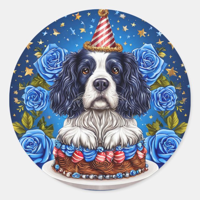 Sticker Rond Chien Espagnol Célébrant Anniversaire Avec Casquet (Devant)