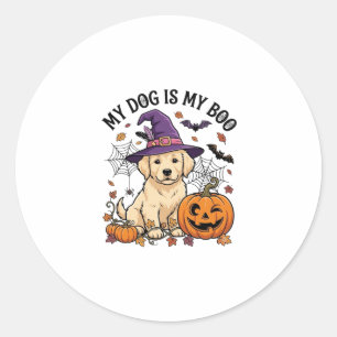 Sticker Rond Chien est Boo Halloween Sorcière Chiot Citrouille_
