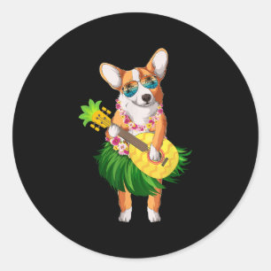 Sticker Rond Chien et amp de Corgi hawaïen; Ananas Ukulele été