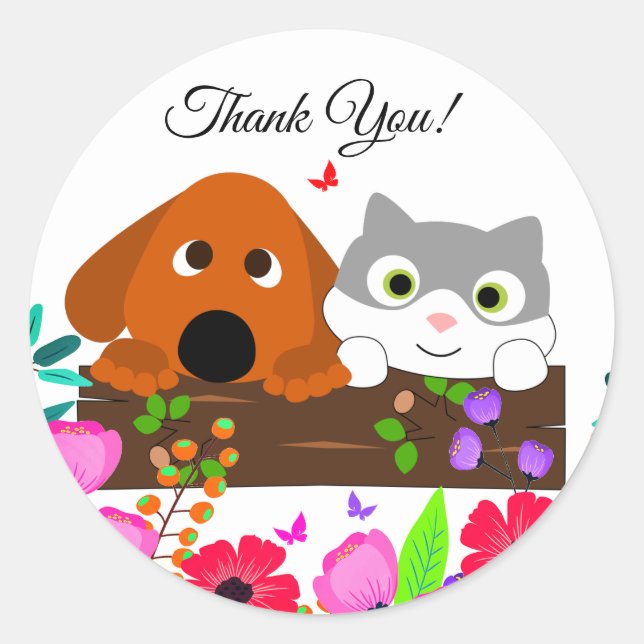 Sticker Rond Chien Et Chat Cute Avec Fleurs Et Papillon (Devant)