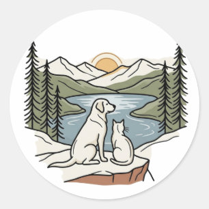 Sticker Rond Chien et Chat Montagne Lac Coucher de soleil