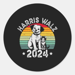 Sticker Rond Chien Et Chat Vintage Kamala Harris Tim W 2024 Ele