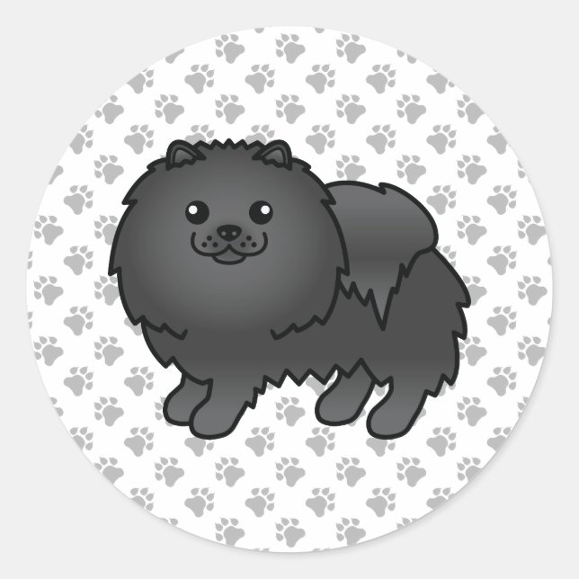 Sticker Rond Chien et pattes de caricature de Poméranie Noire (Devant)