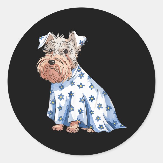 Sticker Rond Chien fantôme d'Halloween avec fleurs drôle d'Hall (Devant)