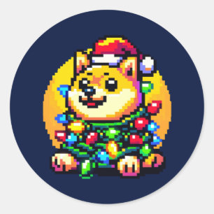 Sticker Rond Chien Festif - Joli Pixel Art lumières de Noël