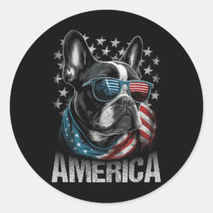 Sticker Rond Chien français patriotique drapeau américain 4 jui