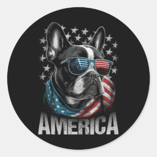 Sticker Rond Chien français patriotique drapeau américain 4 jui