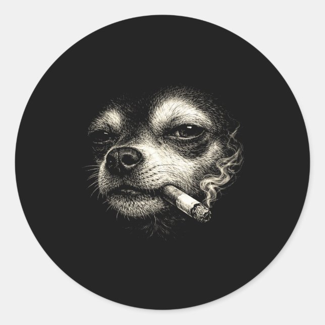 Sticker Rond Chien fumant une cigarette mème drôle visage de ch (Devant)