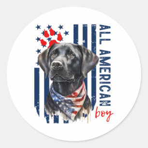 Sticker Rond Chien garçon tout américain Labrador noir drapeau
