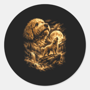 Sticker Rond Chien golden doodle hurlant lune fantaisie forrest