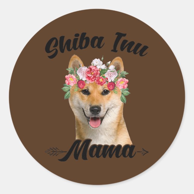 Sticker Rond Chien Graphique Fleur Fleur Shiba Inu Mama (Devant)