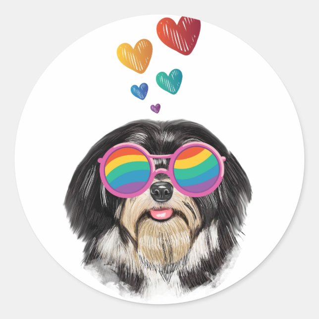 Sticker Rond Chien Havanais avec coeurs Saint-Valentin  (Devant)