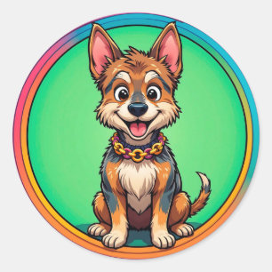 Sticker Rond Chien heureux de dessin animé coloré