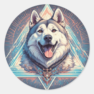 Sticker Rond Chien Husky avec des formes géométriques