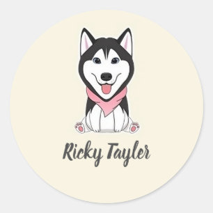 Sticker Rond Chien husky noir et blanc mignon