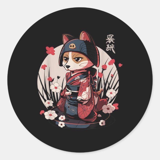 Sticker Rond Chien japonais Samurai Tattoo Kawaii Ninja Chien (Devant)