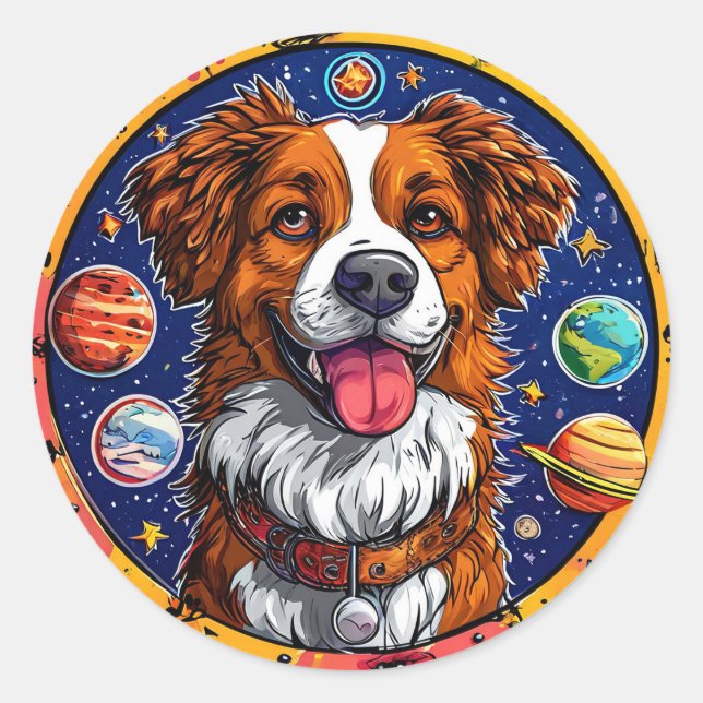 Sticker Rond Chien joyeux Animal spatial mignon Art (Devant)