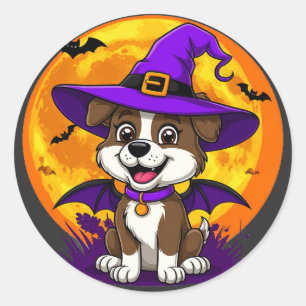 Sticker Rond Chien joyeux déguisé en chapeau de sorcière