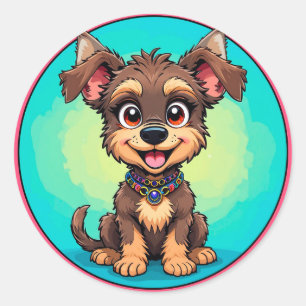 Sticker Rond Chien joyeux en caricature