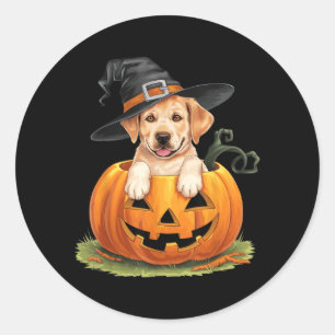 Sticker Rond Chien Lab jaune Halloween Citrouille