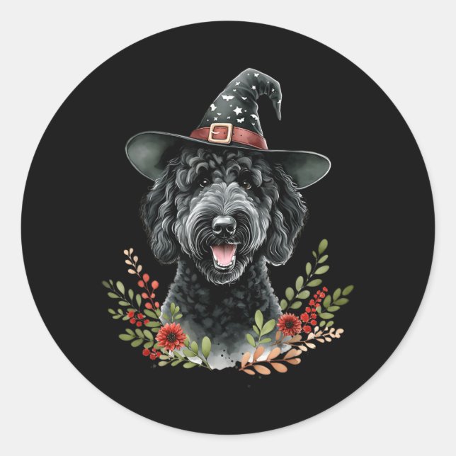 Sticker Rond Chien Labradoodle noir Halloween aquarelle (Devant)