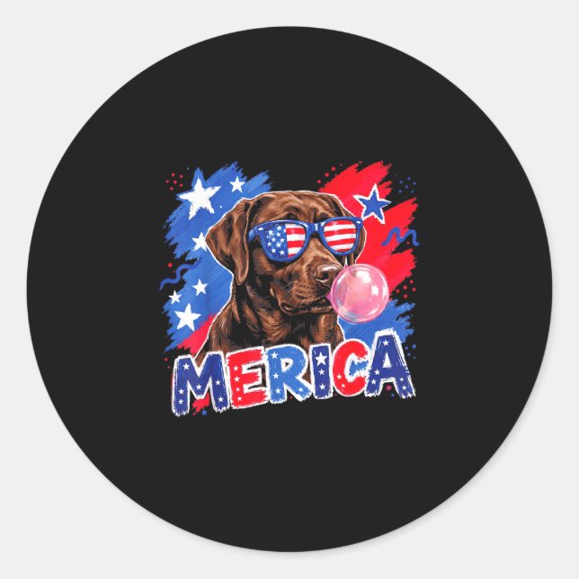Sticker Rond Chien labrador bubble gum 14 juillet drapeau améri (Devant)