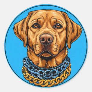 Sticker Rond Chien Labrador sur fond bleu avec chaînes