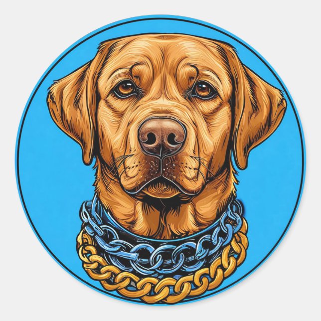 Sticker Rond Chien Labrador sur fond bleu avec chaînes (Devant)